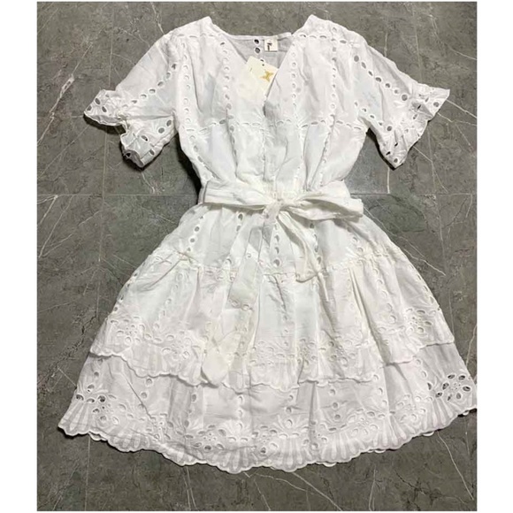 Boho White Eyelet Surplice Tie Ruffle Mini Dress - Picture 7 of 8